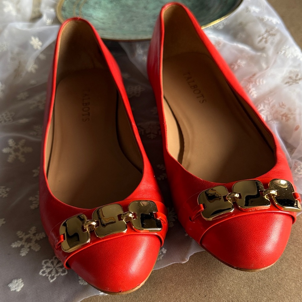 Talbots Red Leather Flats Gold Chain Detail Ballet Shoes